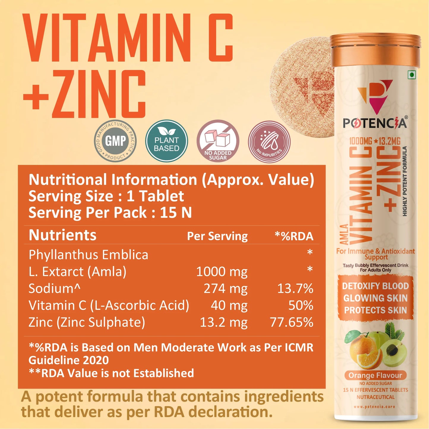 New Amla Vitamin C + Zinc Effervescent Tablets | Immune & Antioxidant Support | Orange Flavour