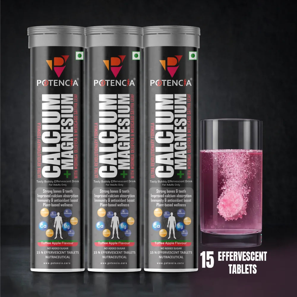Potencia Calcium + Magnesium Effervescent Tablets | Dual Magnesium & Dual Calcium | With Moringa, Medicago & Sativa | 15 Tabs/Bottle