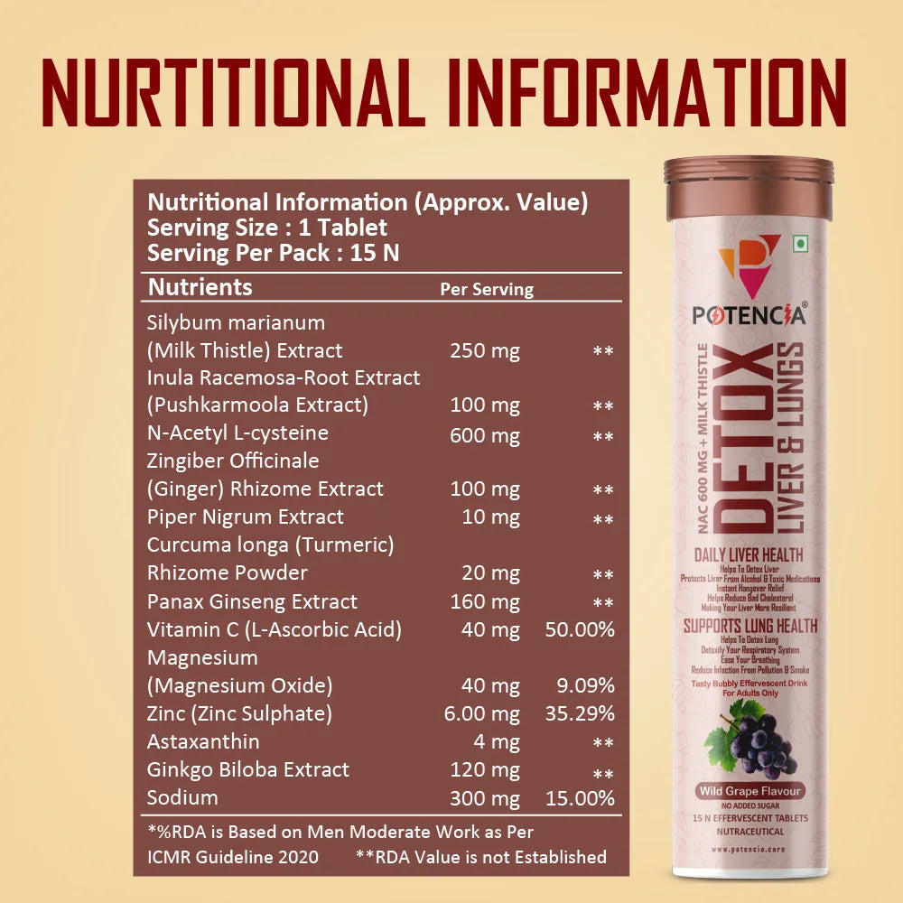 Potencia Liver & Lung Detox Effervescent Tablets | 10-in-1 Herbal Cleanse with Milk Thistle, NAC, Ginseng, Turmeric & Astaxanthin | Supports Liver Health, Lung Detox & Immunity | 15 Tabs/Bottle