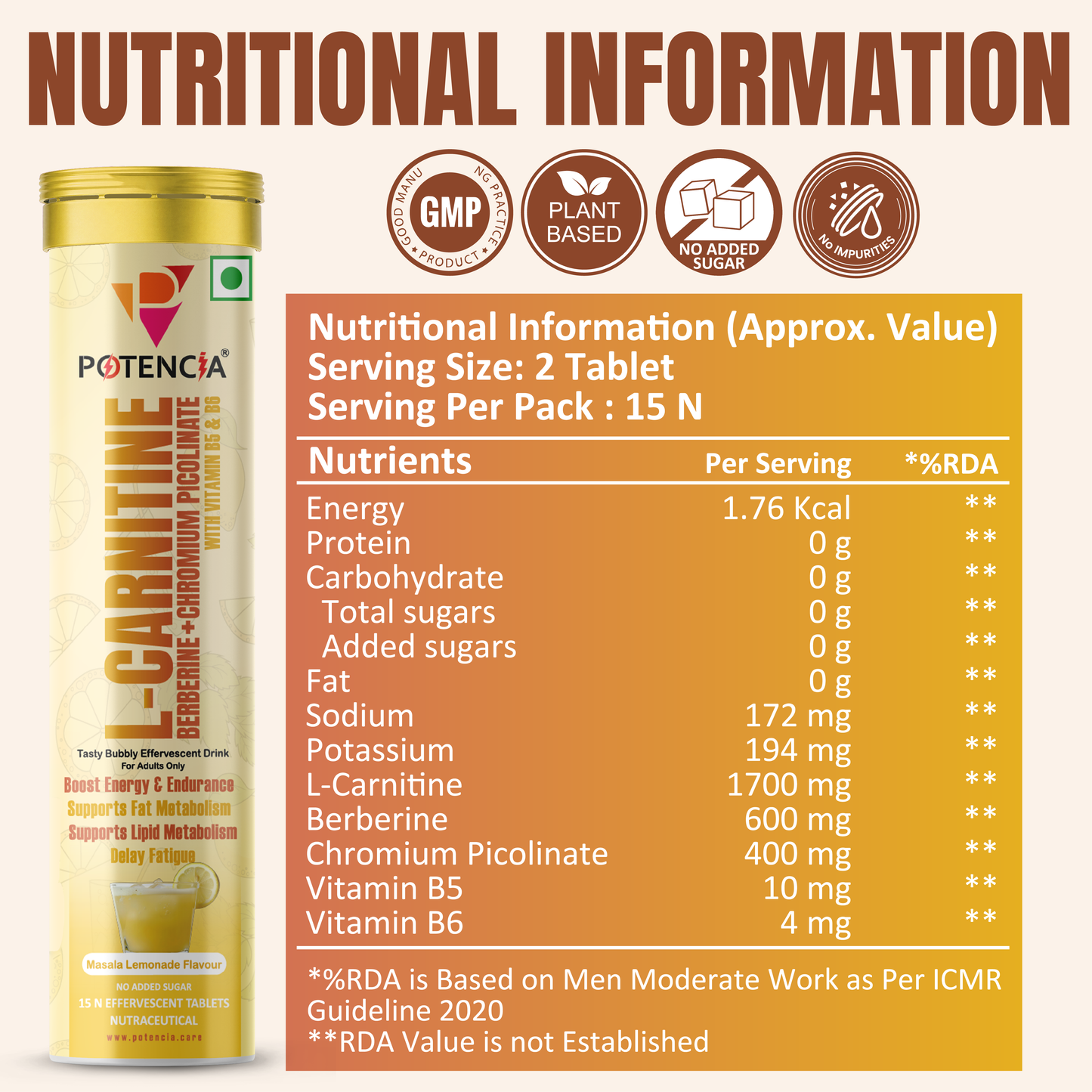 Potencia (Pack of 3) L-Carnitine Effervescent Tablets with Berberine, Chromium Picolinate, Vitamin B5 & B6 | Energy & Fat Metabolism