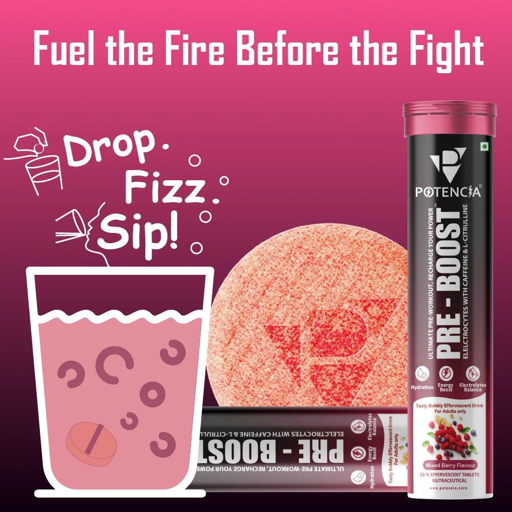 Pack of 3 Potencia PRE-BOOST | Mixed Berry | Pre-Workout Effervescent Tablets | Energy + Hydration + Pump | With Citrulline, Taurine, Caffeine & Beta-Alanine | 45 Tabs/Bottle