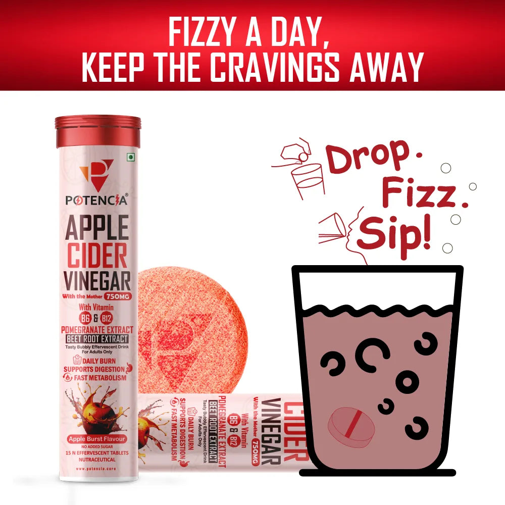 New Pack of 6 Tubes Apple Cider Vinegar Effervescent Tablets with Pomegranate & Beetroot Extract | Metabolism, Digestion & Weight Management Support | With Vitamin B6 & B12