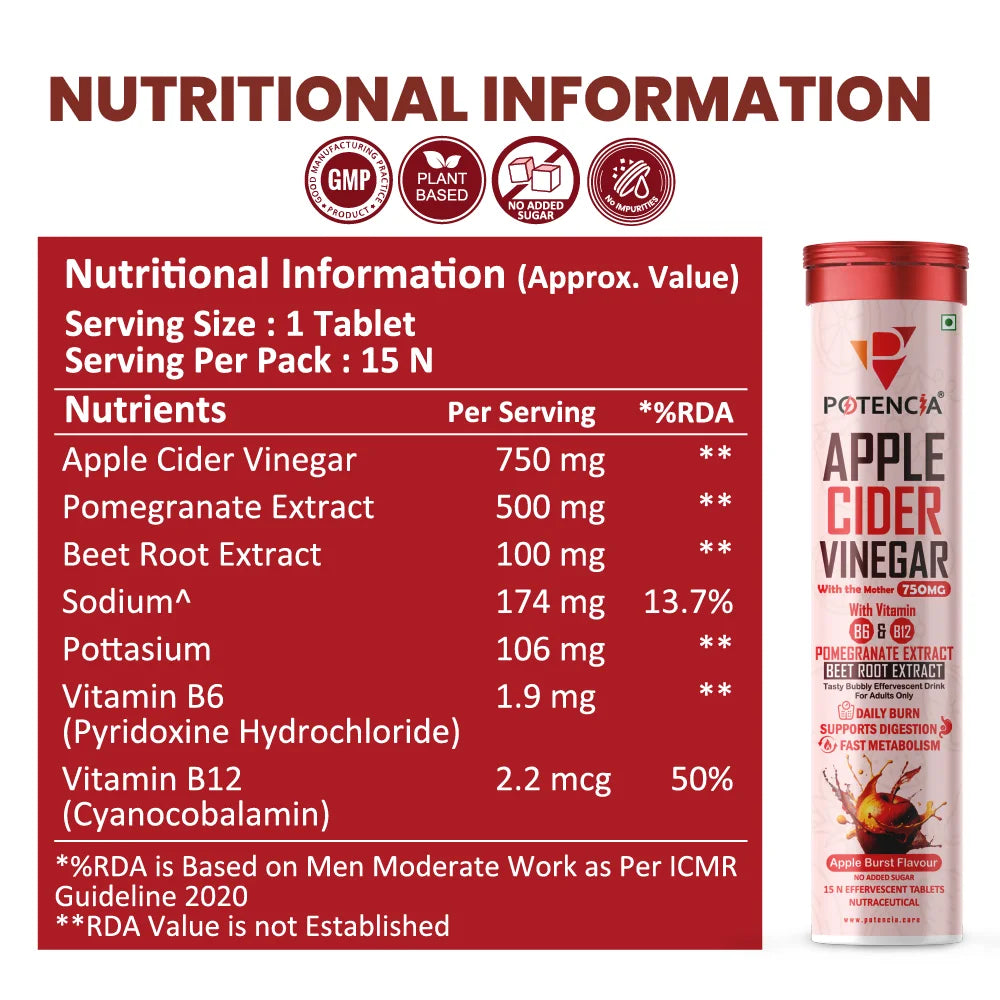 New Pack of 6 Tubes Apple Cider Vinegar Effervescent Tablets with Pomegranate & Beetroot Extract | Metabolism, Digestion & Weight Management Support | With Vitamin B6 & B12