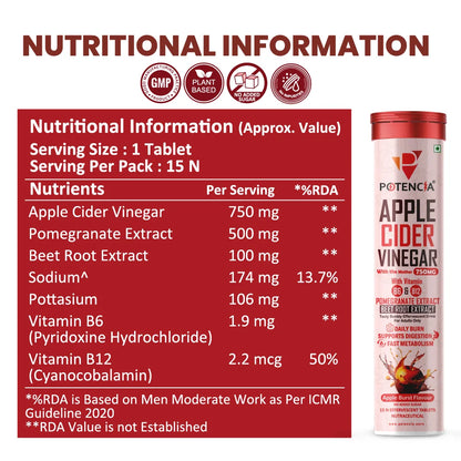 New Pack of 6 Tubes Apple Cider Vinegar Effervescent Tablets with Pomegranate & Beetroot Extract | Metabolism, Digestion & Weight Management Support | With Vitamin B6 & B12