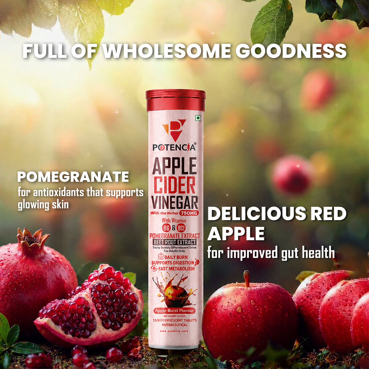 New Pack of 3 Tubes Apple Cider Vinegar Effervescent Tablets with Pomegranate & Beetroot Extract | Metabolism, Digestion & Weight Management Support | With Vitamin B6 & B12