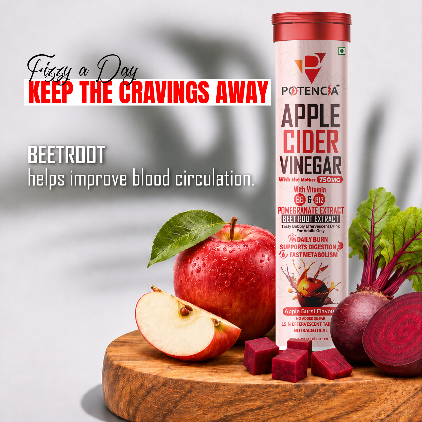New Pack of 3 Tubes Apple Cider Vinegar Effervescent Tablets with Pomegranate & Beetroot Extract | Metabolism, Digestion & Weight Management Support | With Vitamin B6 & B12