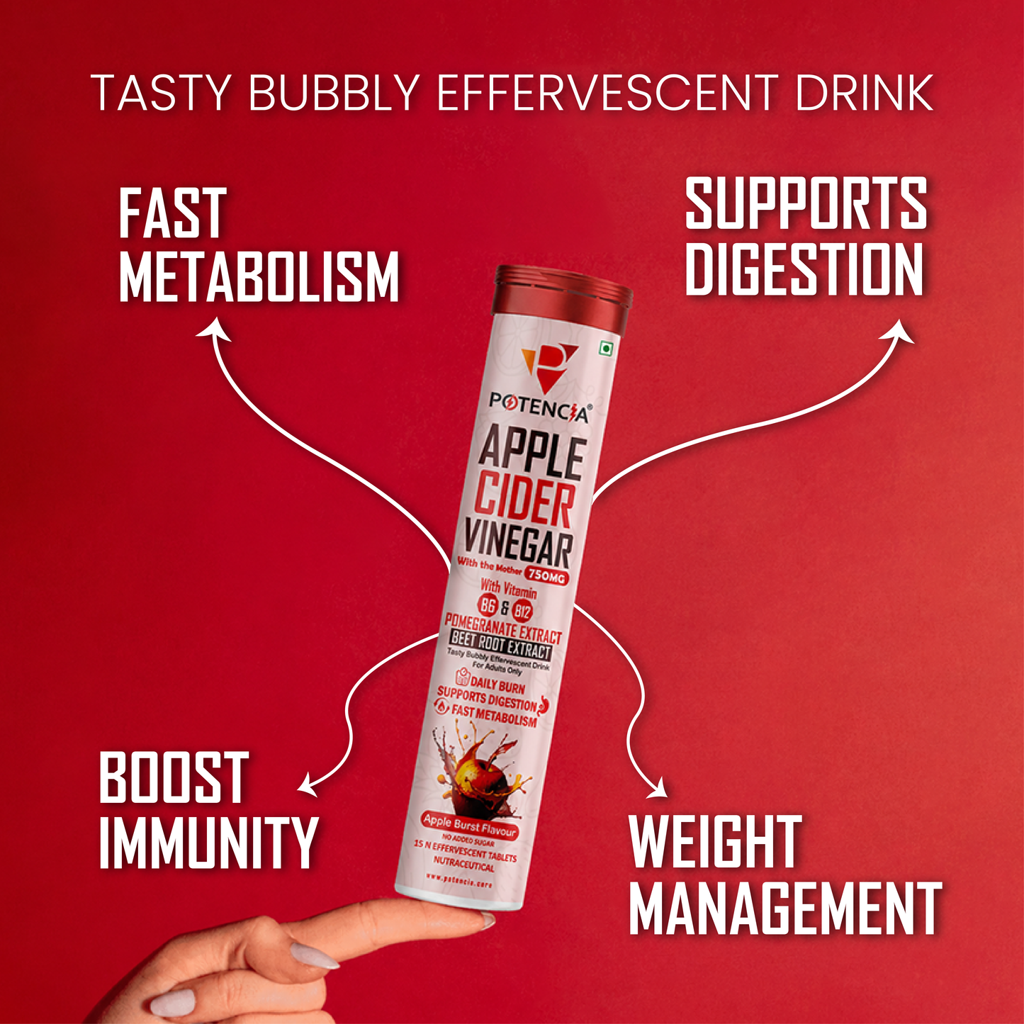New Pack of 3 Tubes Apple Cider Vinegar Effervescent Tablets with Pomegranate & Beetroot Extract | Metabolism, Digestion & Weight Management Support | With Vitamin B6 & B12