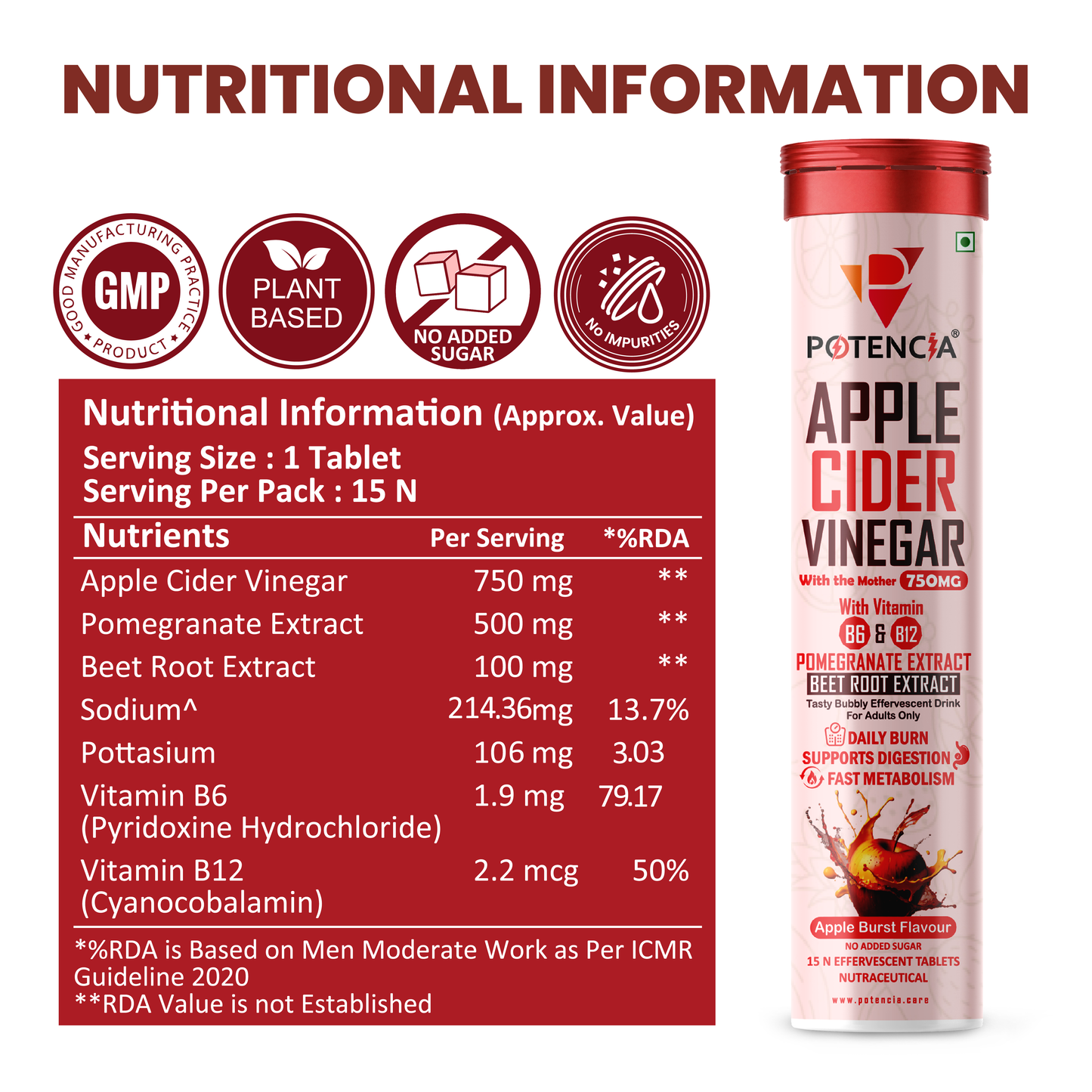 New Pack of 3 Tubes Apple Cider Vinegar Effervescent Tablets with Pomegranate & Beetroot Extract | Metabolism, Digestion & Weight Management Support | With Vitamin B6 & B12