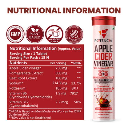 New Pack of 3 Tubes Apple Cider Vinegar Effervescent Tablets with Pomegranate & Beetroot Extract | Metabolism, Digestion & Weight Management Support | With Vitamin B6 & B12