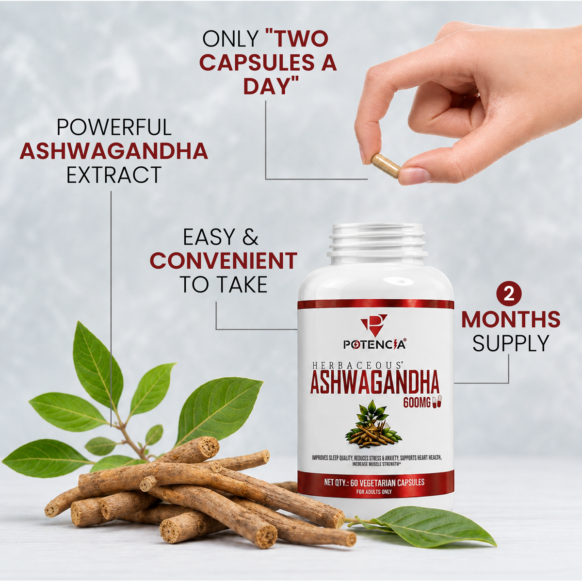 Potencia Herbacous Ashwagandha 600mg – 60 Vegetarian Capsules