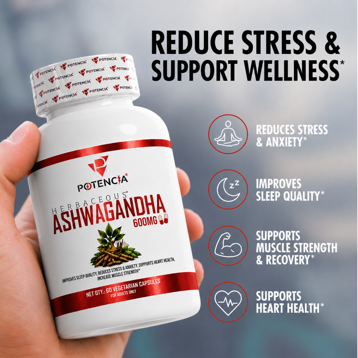 Potencia Herbacous Ashwagandha 600mg – 60 Vegetarian Capsules