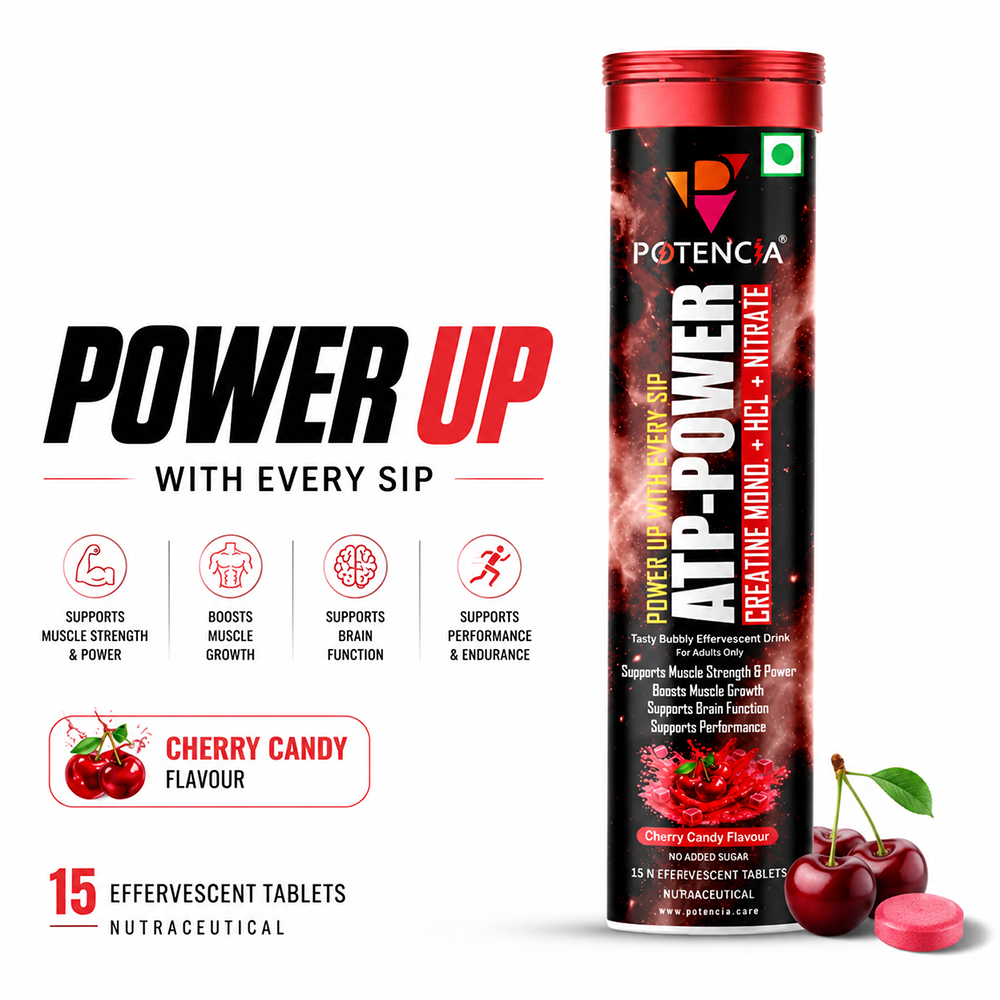 Potencia ATP Power Creatine Supplement | Creatine Monohydrate + HCL + Nitrate | Strength & Performance Support | Cherry Candy Flavour | Effervescent Tablets