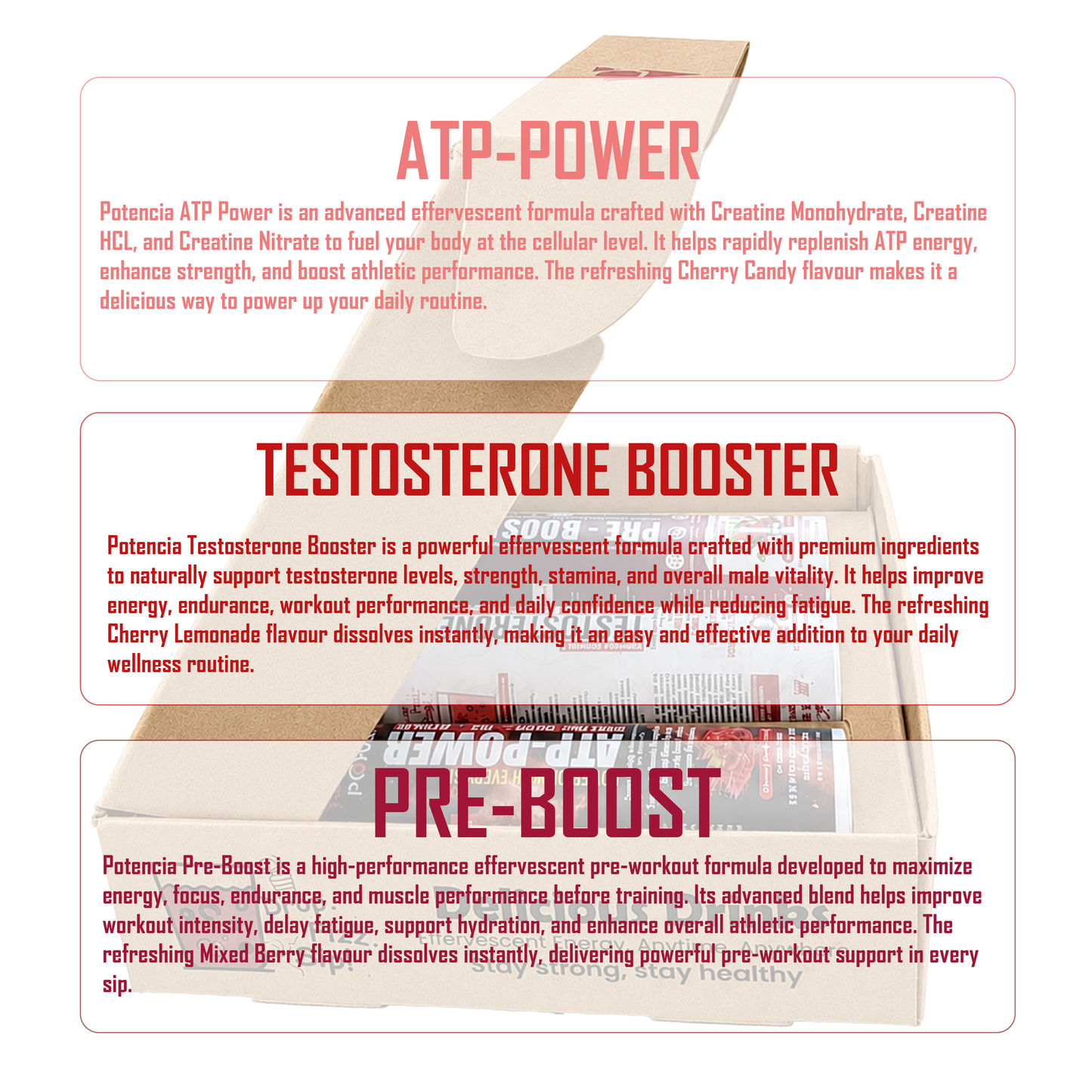 Potencia Testo & ATP Power Pre-Workout Kit | ATP Power + Testosterone Booster + Pre-Boost | Effervescent Tablets | Pack of 3 (45 Tablets)