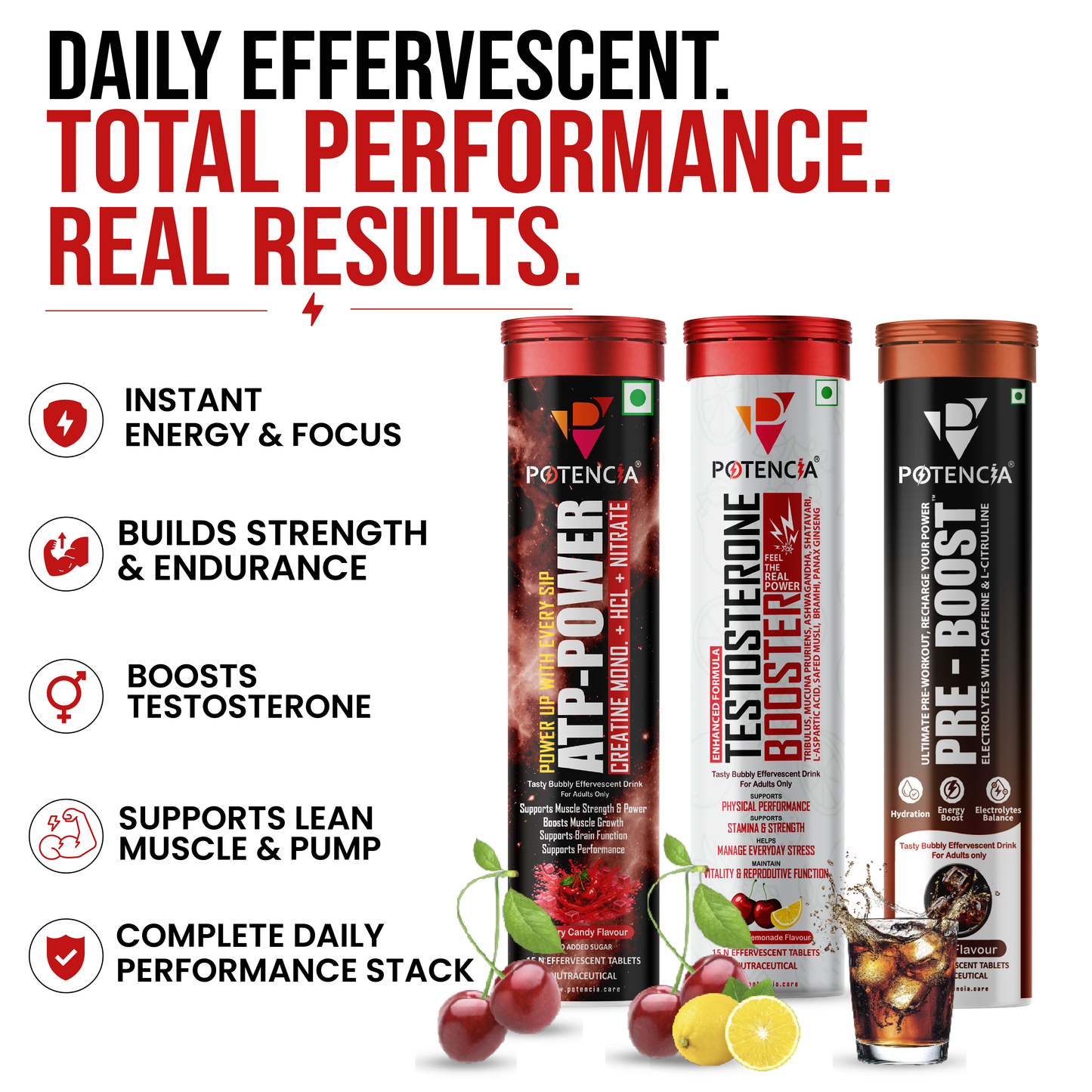 Potencia Testo & ATP Power Pre-Workout Kit | ATP Power + Testosterone Booster + Pre-Boost | Effervescent Tablets | Pack of 3 (45 Tablets)