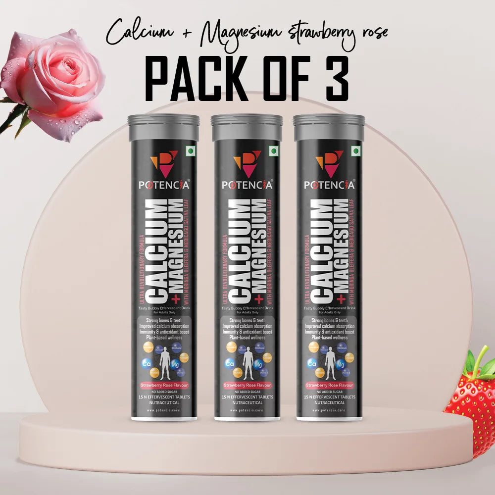 Pack of 3 Potencia Calcium + Magnesium Effervescent Tablets | Dual Magnesium & Dual Calcium | With Moringa, Medicago & Sativa | 45 Tabs/Bottle
