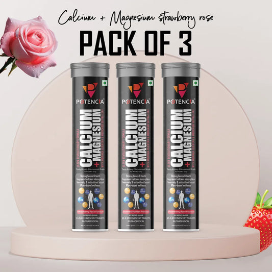 Pack of 3 Potencia Calcium + Magnesium Effervescent Tablets | Dual Magnesium & Dual Calcium | With Moringa, Medicago & Sativa | 45 Tabs/Bottle