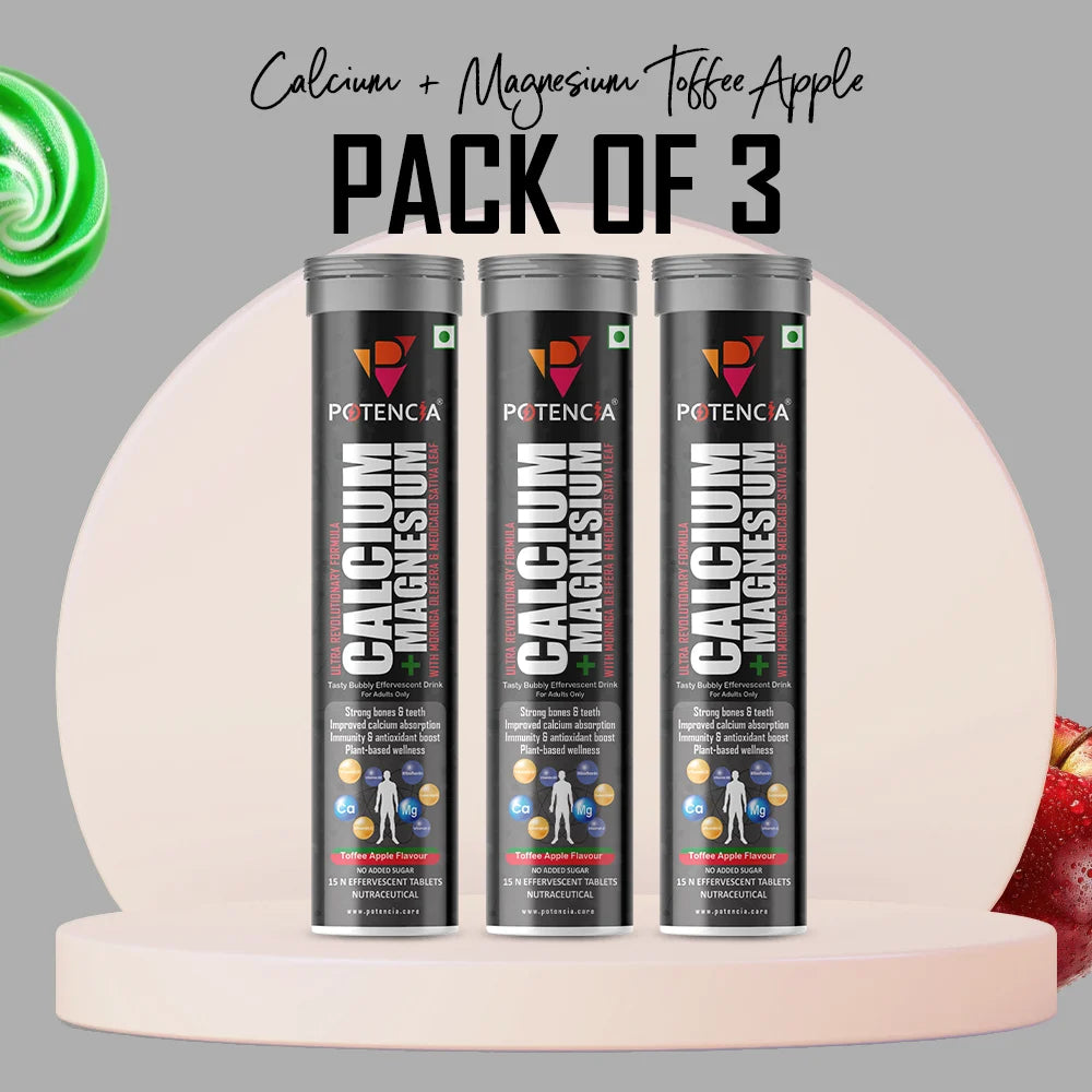 Pack of 3 Potencia Calcium + Magnesium Effervescent Tablets | Dual Magnesium & Dual Calcium | With Moringa, Medicago & Sativa | 45 Tabs/Bottle