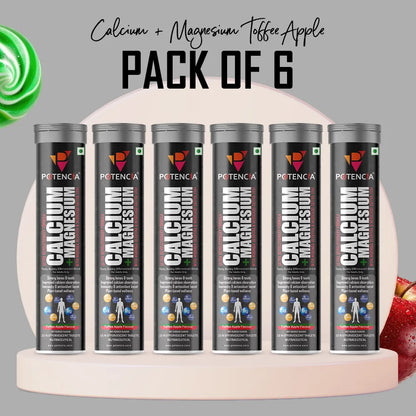 Pack of 6 Potencia Calcium + Magnesium Effervescent Tablets | Dual Magnesium & Dual Calcium | With Moringa, Medicago & Sativa | 90 Tabs/Bottle