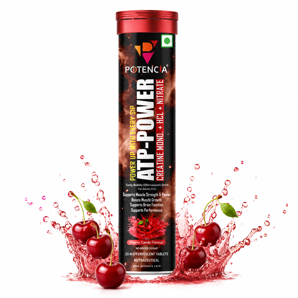 Potencia ATP Power Creatine Supplement | Creatine Monohydrate + HCL + Nitrate | Strength & Performance Support | Cherry Candy Flavour | Effervescent Tablets