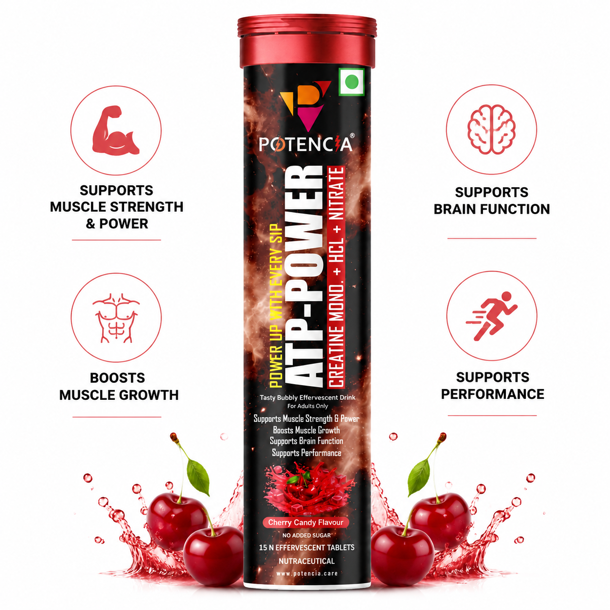 Potencia ATP Power Creatine Supplement | Creatine Monohydrate + HCL + Nitrate | Strength & Performance Support | Cherry Candy Flavour | Effervescent Tablets