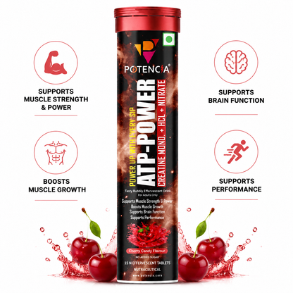 Potencia ATP Power Creatine Supplement | Creatine Monohydrate + HCL + Nitrate | Strength & Performance Support | Cherry Candy Flavour | Effervescent Tablets