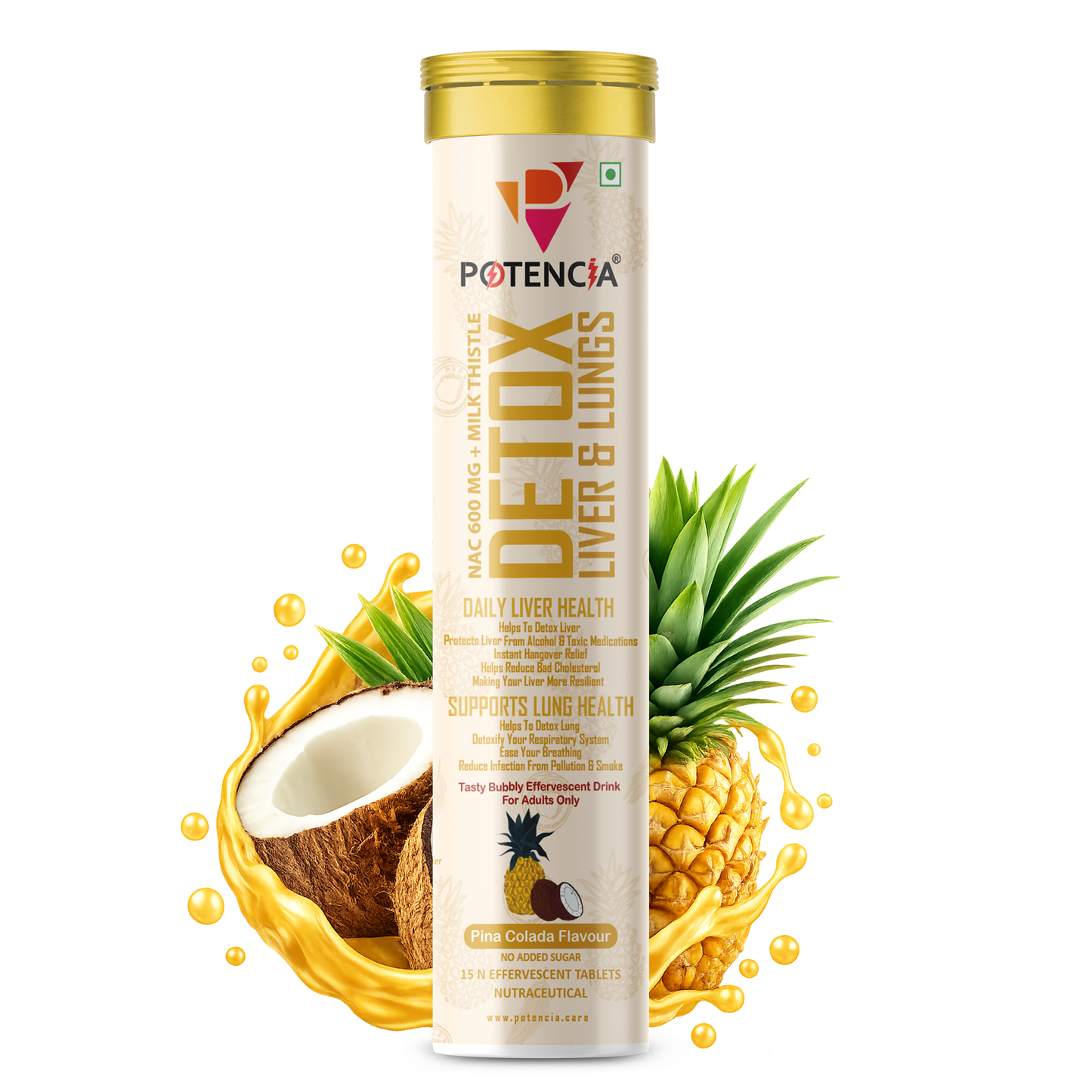 Potencia Liver & Lung Detox Effervescent Tablets | 10-in-1 Herbal Cleanse with Milk Thistle, NAC, Ginseng, Turmeric & Astaxanthin | Supports Liver Health, Lung Detox & Immunity | 15 Tabs/Bottle