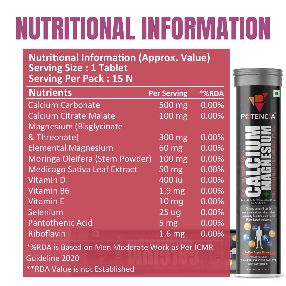 Pack of 3 Potencia Calcium + Magnesium Effervescent Tablets | Dual Magnesium & Dual Calcium | With Moringa, Medicago & Sativa | 45 Tabs/Bottle
