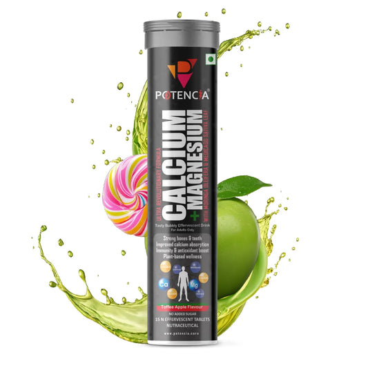 Potencia Calcium + Magnesium Effervescent Tablets | Dual Magnesium & Dual Calcium | With Moringa, Medicago & Sativa | 15 Tabs/Bottle