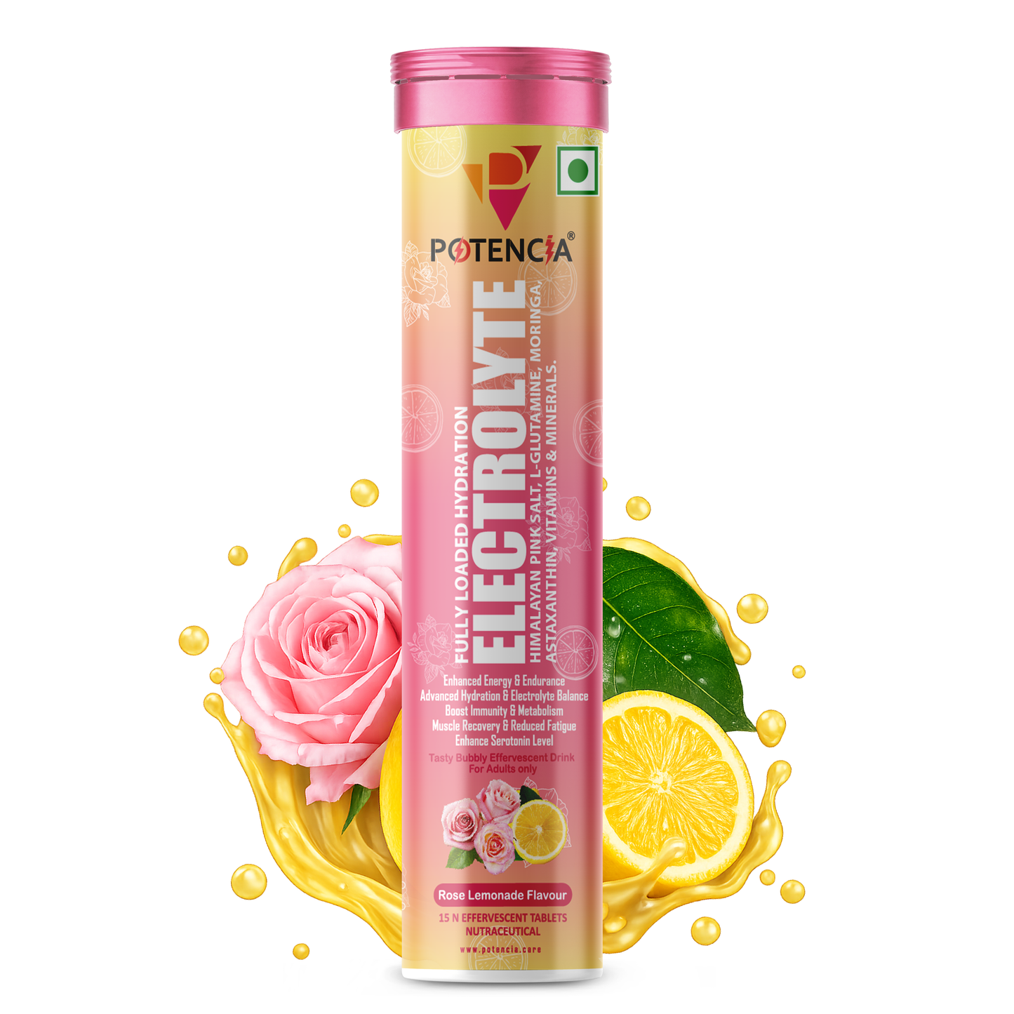 Potencia Electrolyte Hydration Effervescent Tablets | Rose Lemonade | Glutamine, Moringa, Astaxanthin, Biotin & Himalayan Pink Salt |15 Tabs/Bottle