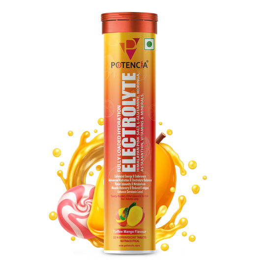 Potencia Electrolyte Hydration Effervescent Tablets | Toffee Mango | With Glutamine, Moringa, Astaxanthin, Biotin & Himalayan Pink Salt  | 15 Tabs/Bottle