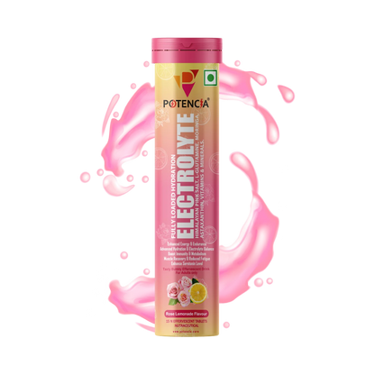 Potencia Electrolyte Hydration Effervescent Tablets ith Glutamine, Moringa, Astaxanthin, Biotin & Himalayan Pink Salt | Rose Lemonade | 15 Tabs/Bottle