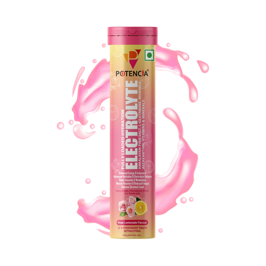 Potencia Electrolyte Hydration Effervescent Tablets ith Glutamine, Moringa, Astaxanthin, Biotin & Himalayan Pink Salt | Rose Lemonade | 15 Tabs/Bottle