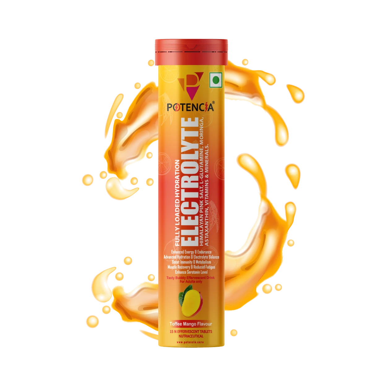 Potencia Electrolyte Hydration Effervescent Tablets | With Glutamine, Moringa, Astaxanthin, Biotin & Himalayan Pink Salt | Toffee Mango | 15 Tabs/Bottle