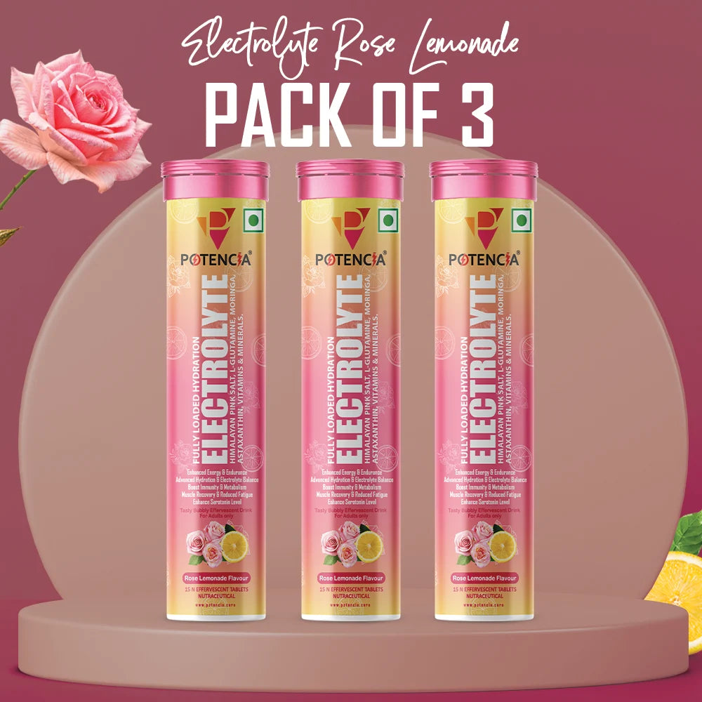 Pack Of 3 Potencia Electrolyte Hydration Effervescent Tablets | Rose Lemonade | Glutamine, Moringa, Astaxanthin, Biotin & Himalayan Pink Salt |45 Tabs/Bottle