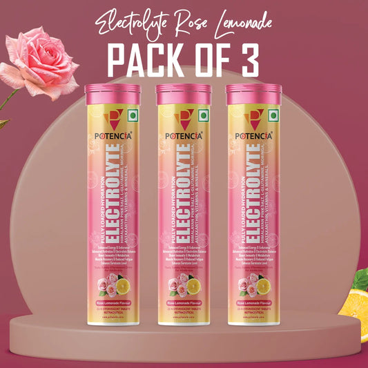 Pack Of 3 Potencia Electrolyte Hydration Effervescent Tablets | Rose Lemonade | Glutamine, Moringa, Astaxanthin, Biotin & Himalayan Pink Salt |45 Tabs/Bottle