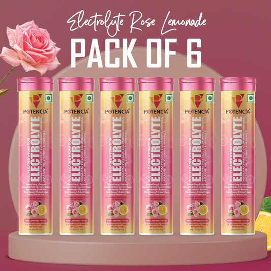 Pack of 6 Potencia Electrolyte Hydration Effervescent Tablets | Rose Lemonade | Glutamine, Moringa, Astaxanthin, Biotin & Himalayan Pink Salt | 90 Tabs/Bottle