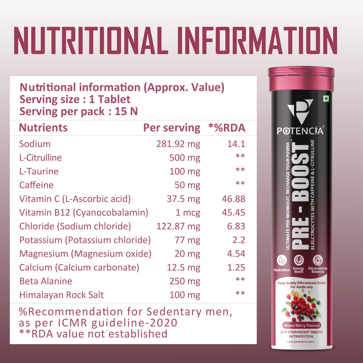 Potencia PRE-BOOST | Pre-Workout Effervescent Tablets | Energy + Hydration + Pump | With Citrulline, Taurine, Caffeine & Beta-Alanine | 15 Tabs/Bottle