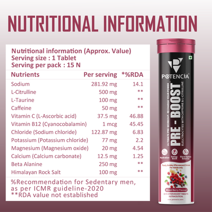 Potencia PRE-BOOST | Pre-Workout Effervescent Tablets | Energy + Hydration + Pump | With Citrulline, Taurine, Caffeine & Beta-Alanine | 15 Tabs/Bottle