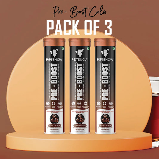Pack of 3 Potencia PRE-BOOST | Cola | Pre-Workout Effervescent Tablets | Energy + Hydration + Pump | With Citrulline, Taurine, Caffeine & Beta-Alanine | 45 Tabs/Bottle