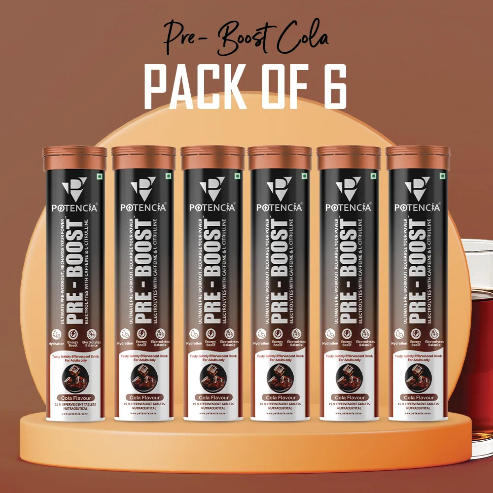Pack of 6 Potencia PRE-BOOST | Cola | Pre-Workout Effervescent Tablets | Energy + Hydration + Pump | With Citrulline, Taurine, Caffeine & Beta-Alanine | 90 Tabs/Bottle