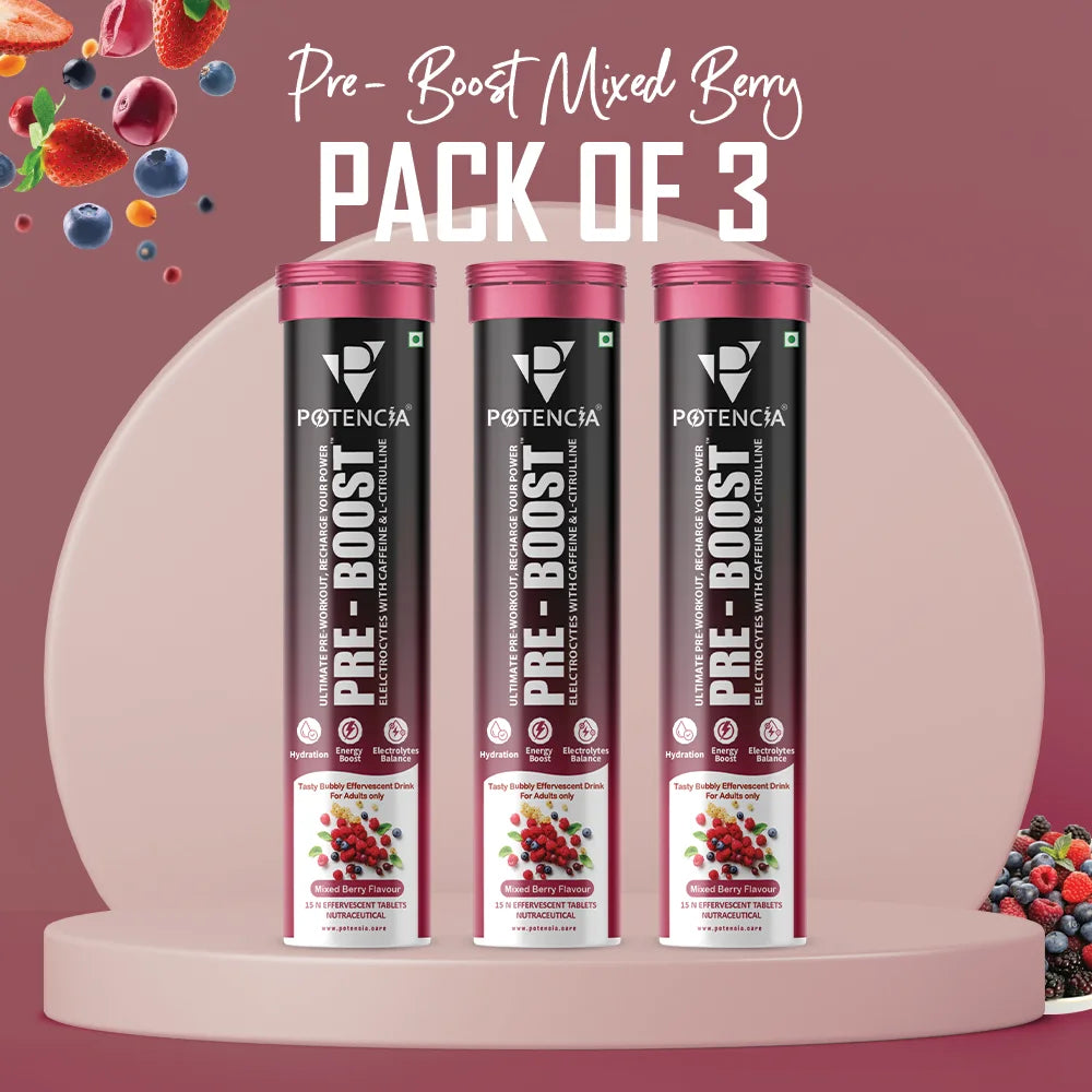 Pack of 3  Potencia PRE-BOOST | Mixed Berry | Pre-Workout Effervescent Tablets | Energy + Hydration + Pump | With Citrulline, Taurine, Caffeine & Beta-Alanine | 45 Tabs/Bottle