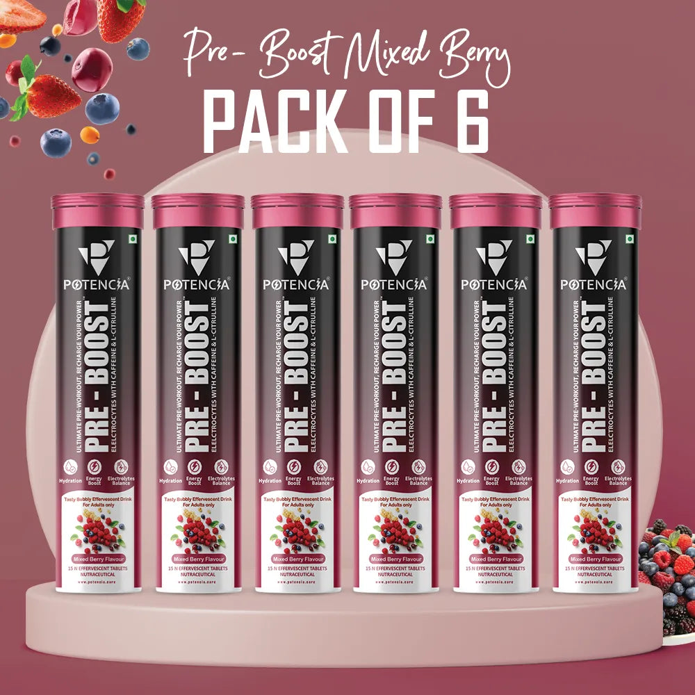 Pack of 6 Potencia PRE-BOOST | Mixed Berry | Pre-Workout Effervescent Tablets | Energy + Hydration + Pump | With Citrulline, Taurine, Caffeine & Beta-Alanine | 90 Tabs/Bottle