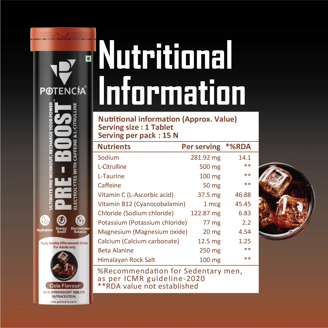 Potencia PRE-BOOST | Pre-Workout Effervescent Tablets | Energy + Hydration + Pump | With Citrulline, Taurine, Caffeine & Beta-Alanine | 15 Tabs/Bottle