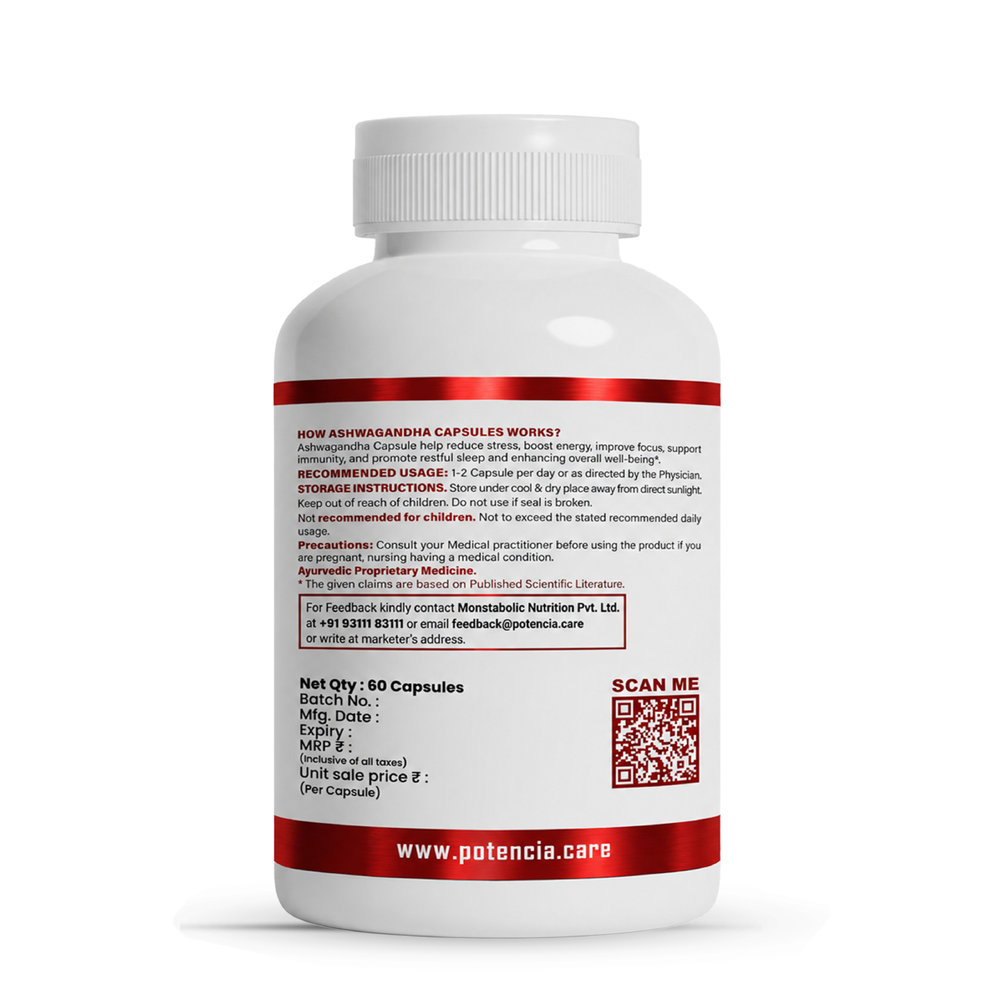 Potencia Herbacous Ashwagandha 600mg – 60 Vegetarian Capsules