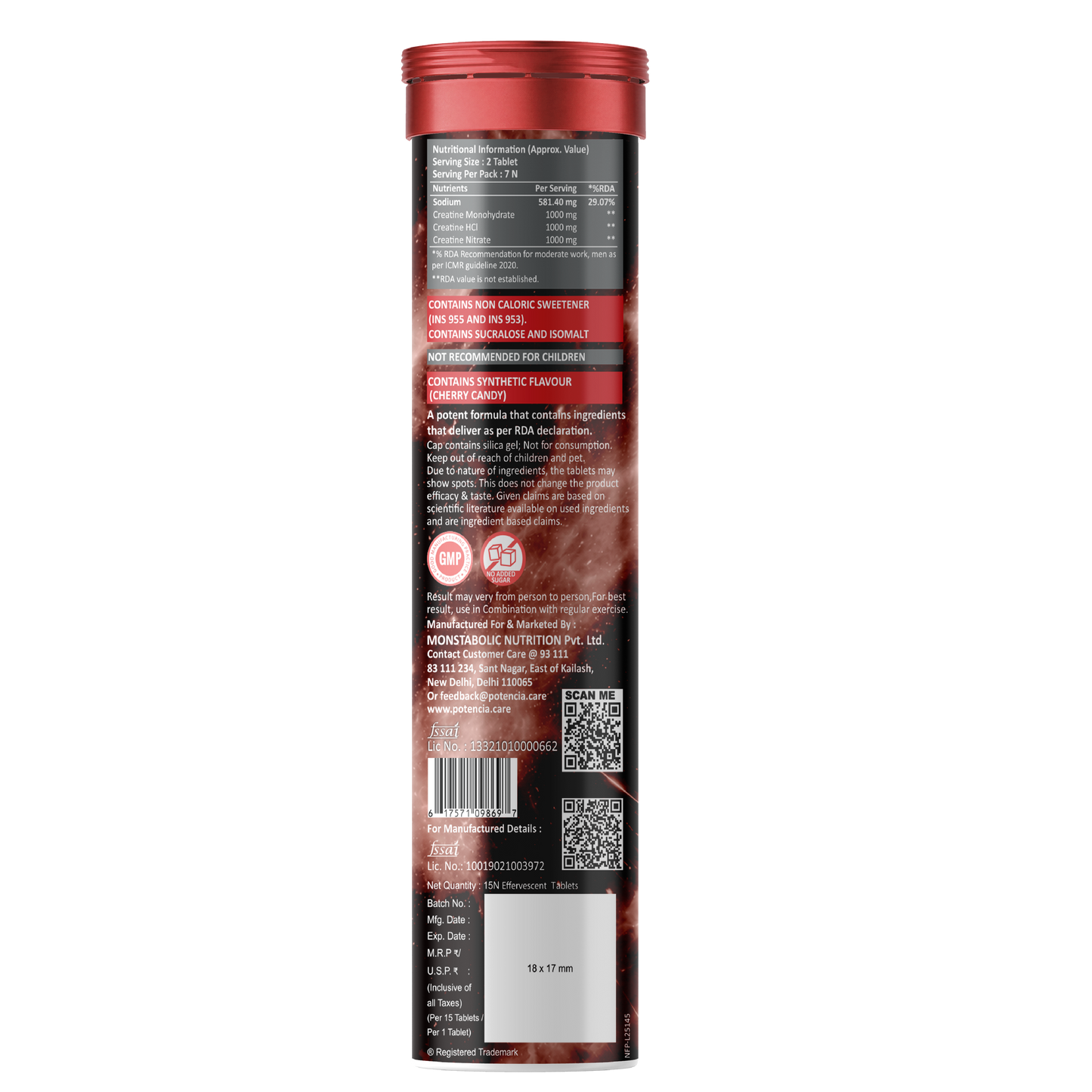 Potencia ATP Power Creatine Supplement | Creatine Monohydrate + HCL + Nitrate | Strength & Performance Support | Cherry Candy Flavour | Effervescent Tablets