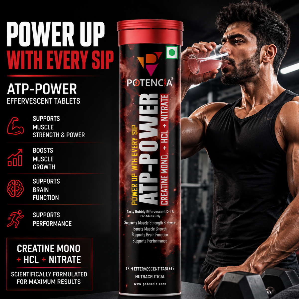 Potencia ATP Power Creatine Supplement | Creatine Monohydrate + HCL + Nitrate | Strength & Performance Support | Cherry Candy Flavour | Effervescent Tablets