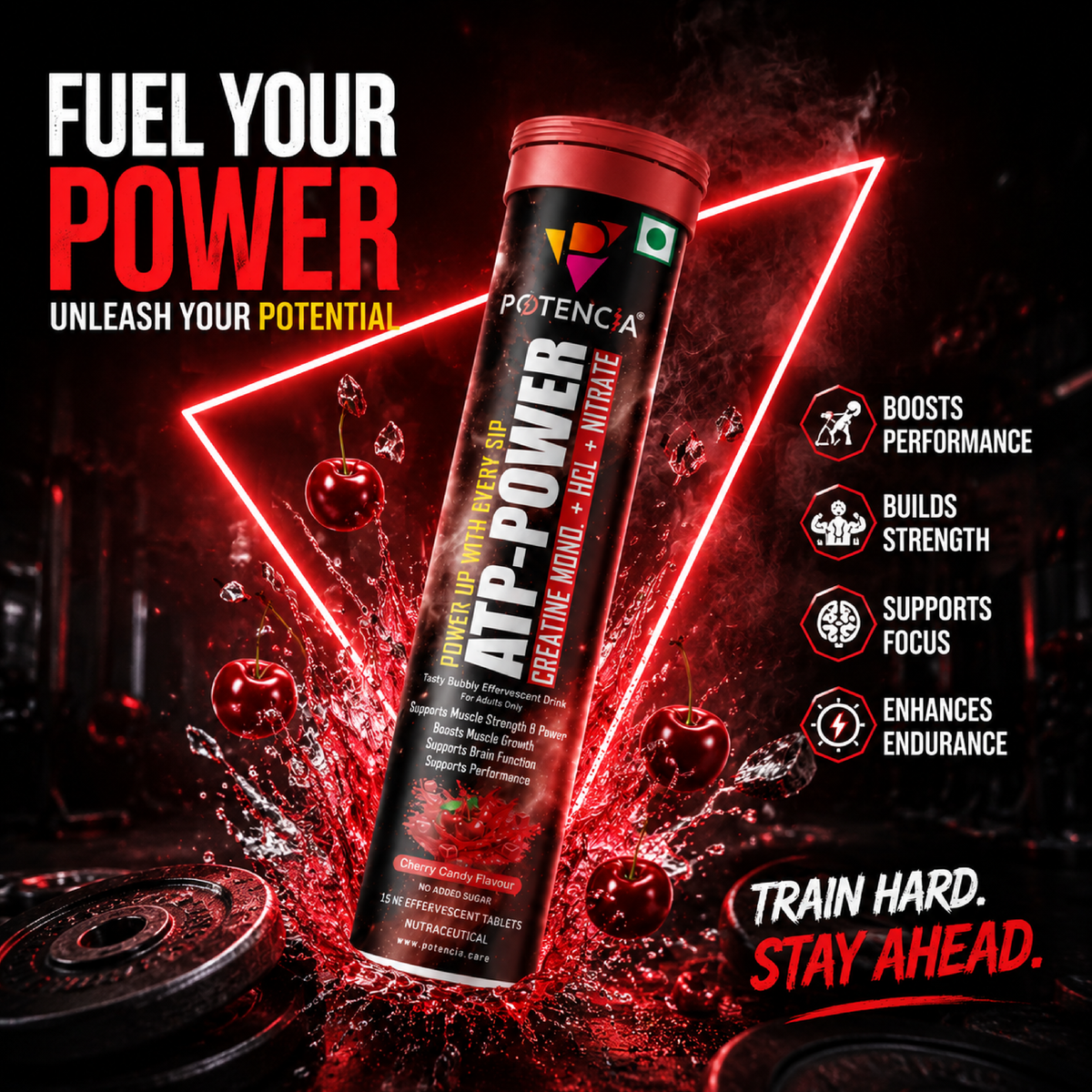 Potencia ATP Power Creatine Supplement | Creatine Monohydrate + HCL + Nitrate | Strength & Performance Support | Cherry Candy Flavour | Effervescent Tablets