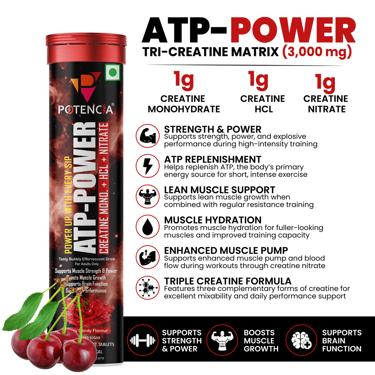 Potencia ATP Power Creatine Supplement | Creatine Monohydrate + HCL + Nitrate | Strength & Performance Support | Cherry Candy Flavour | Effervescent Tablets
