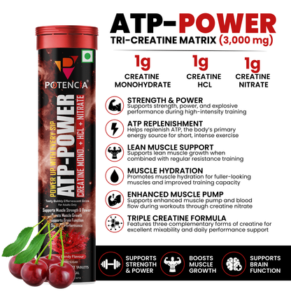Potencia (Pack of 3) ATP Power Creatine Supplement | Creatine Monohydrate + HCL + Nitrate | Strength & Performance Support | Cherry Candy Flavour | Effervescent Tablets