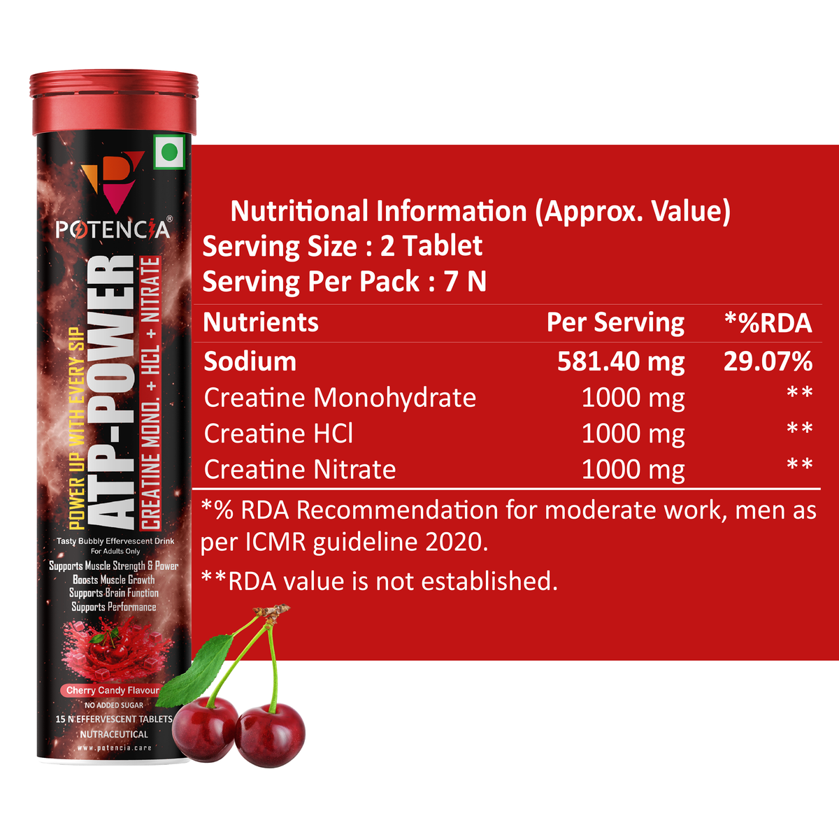 Potencia ATP Power Creatine Supplement | Creatine Monohydrate + HCL + Nitrate | Strength & Performance Support | Cherry Candy Flavour | Effervescent Tablets